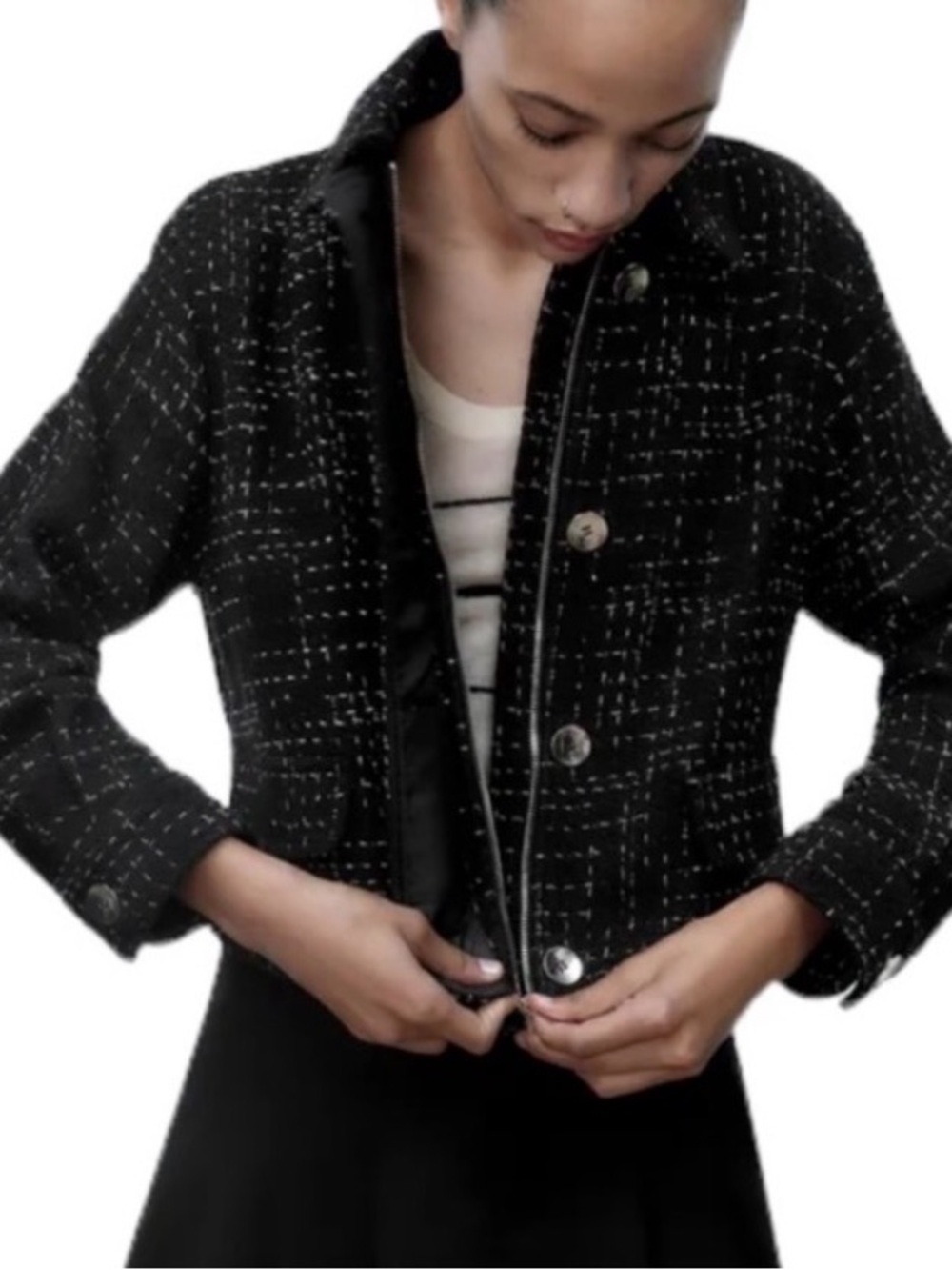 ZARA Black Structured Tweed Cropped Jacket Zip Front Silver Buttons Size S